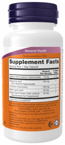 NOW Double Strength Hyaluronic Acid 100 mg, Двойная сила Гиалуроновой кислоты 100 мг, 60 капсул