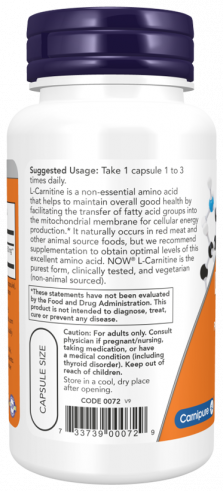 NOW L-Carnitine 500 mg, L-Карнитин 500 мг, 60 капсул