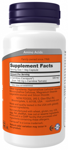 NOW L-Carnitine 500 mg, L-Карнитин 500 мг, 60 капсул